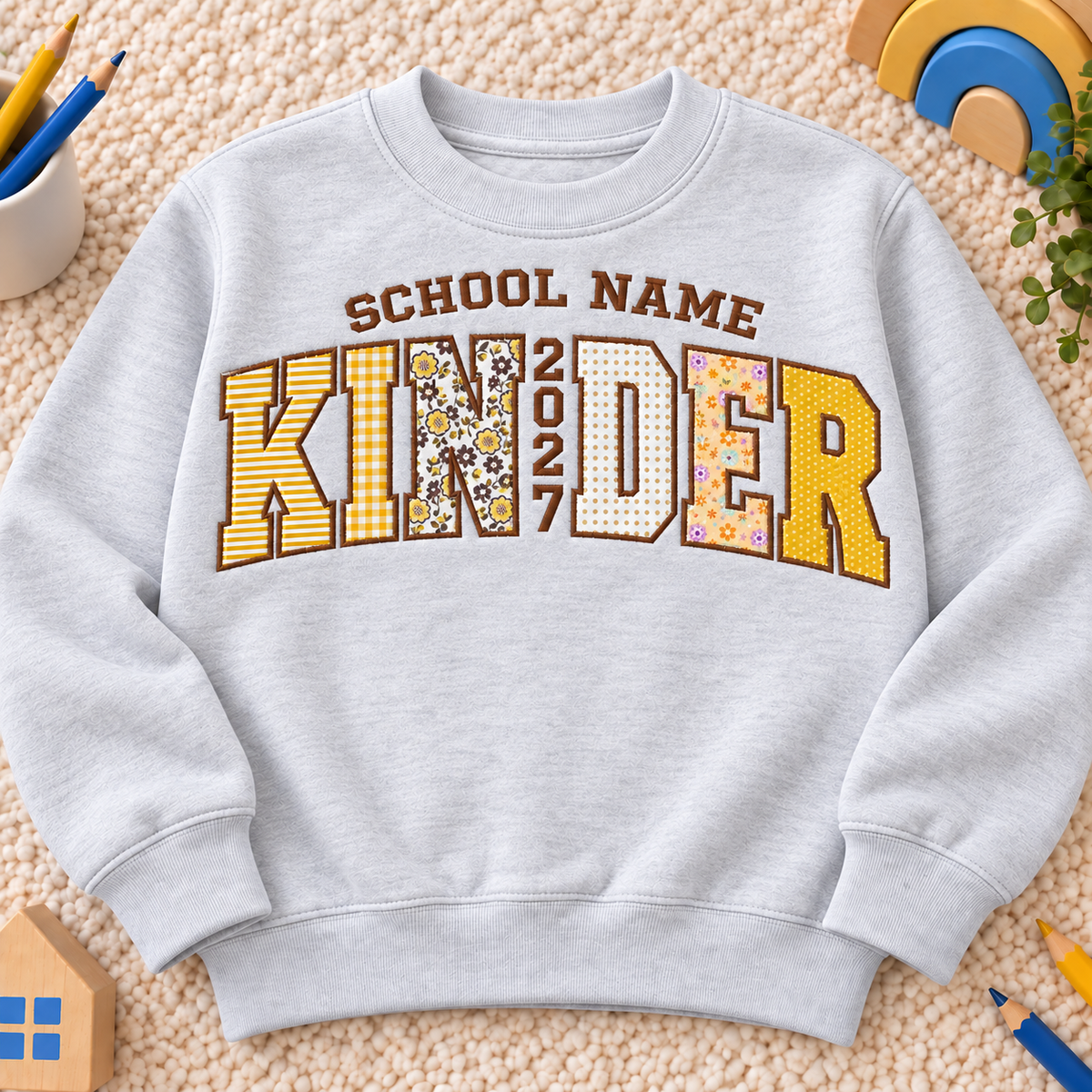 Personalized Kids School Sweatshirt – Custom School Name & Year Patchwork Appliqué Crewneck