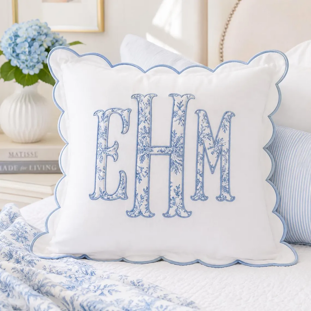 Personalized Monogram Pillow Cover, Custom Embroidered Applique Scallop Cushion, Nursery Dorm Room Throw Pillow, Toddler Decor