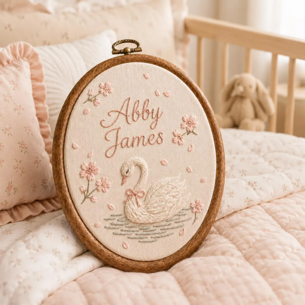 Personalized Embroidered Baby Name Hoop, Swan Nursery Wall Decor, Custom Girl Name Sign, Newborn Baby Shower Gift, Floral Baby Room Decor