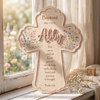 Floral Personalized Baptism Cross for Girls, Custom Name Wood Wall Cross, Baby Girl Christening Gift, Nursery Flower Decor, Bible Verse Art