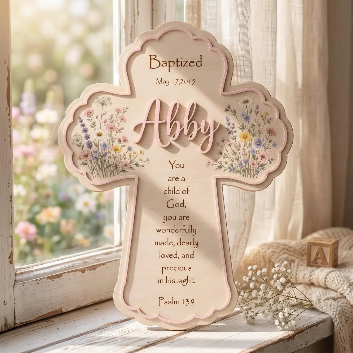 Floral Personalized Baptism Cross for Girls, Custom Name Wood Wall Cross, Baby Girl Christening Gift, Nursery Flower Decor, Bible Verse Art