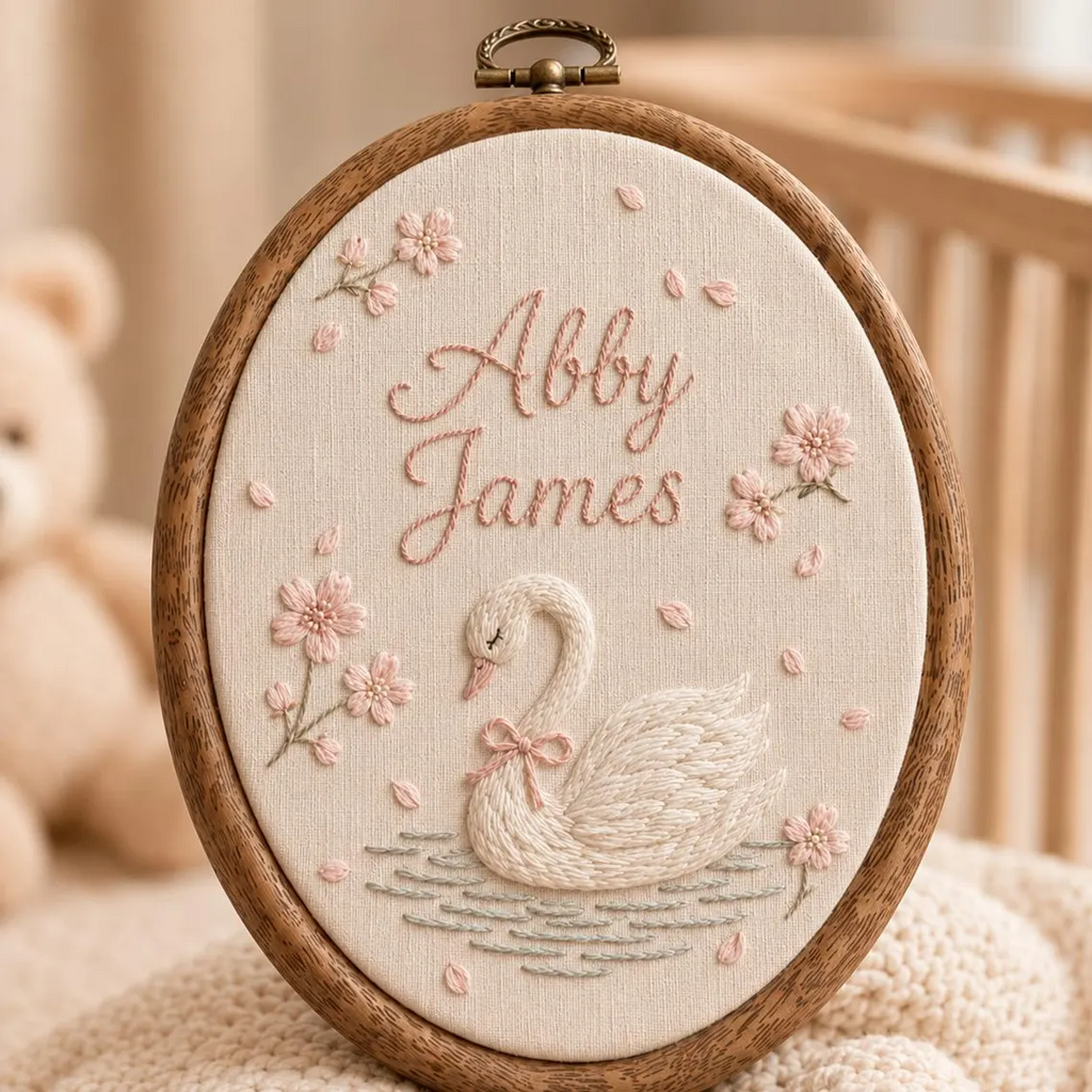 Personalized Embroidered Baby Name Hoop, Swan Nursery Wall Decor, Custom Girl Name Sign, Newborn Baby Shower Gift, Floral Baby Room Decor