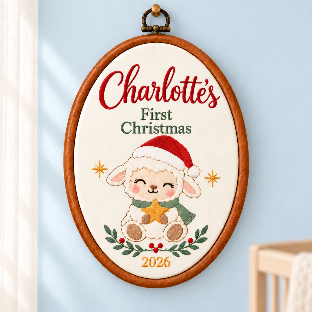 Personalized Baby's First Christmas Lamb Embroidery Hoop 2026 - Custom Name Nursery Keepsake
