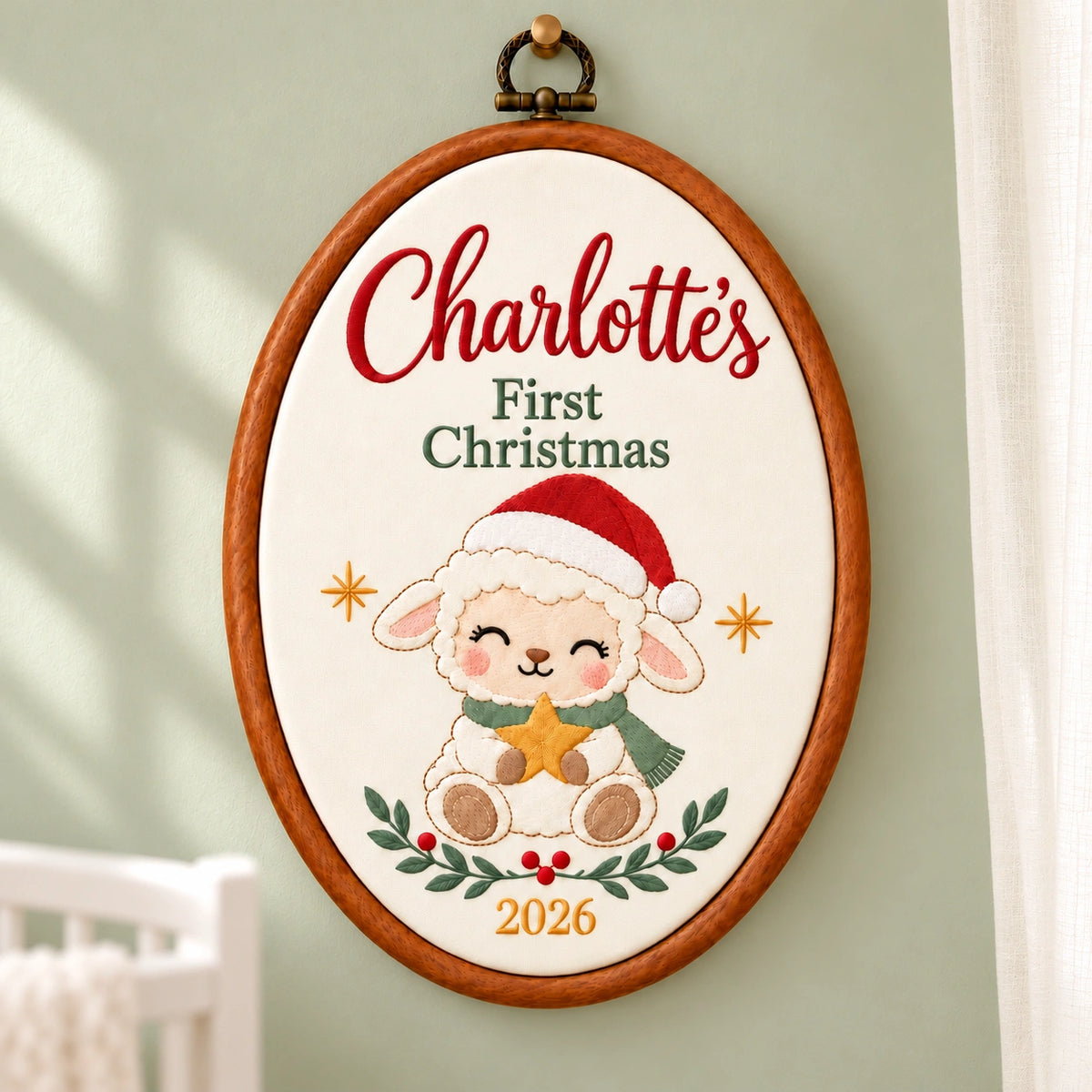 Personalized Baby's First Christmas Lamb Embroidery Hoop 2026 - Custom Name Nursery Keepsake