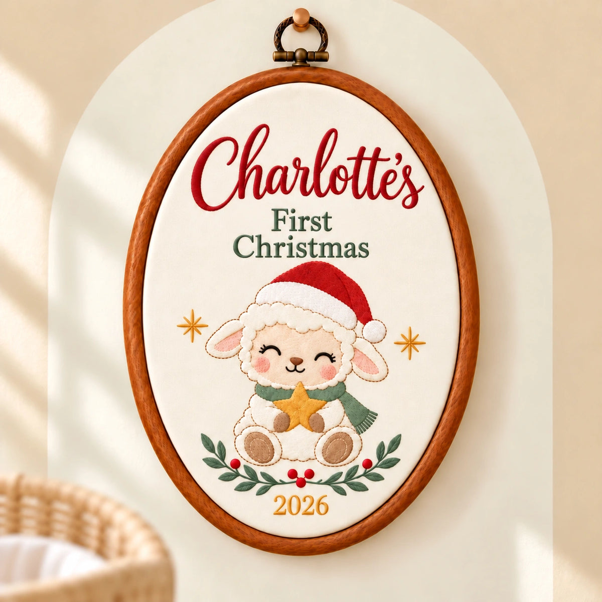 Personalized Baby's First Christmas Lamb Embroidery Hoop 2026 - Custom Name Nursery Keepsake