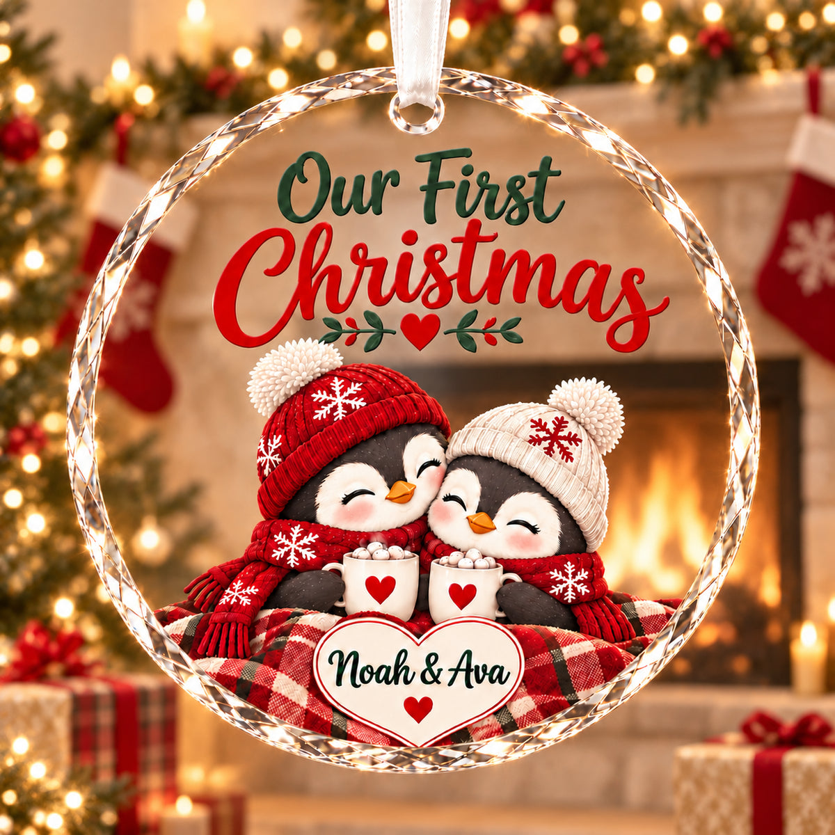 Personalized Penguin Couple Christmas Ornament - Custom Name Glass Tree Bauble 2026