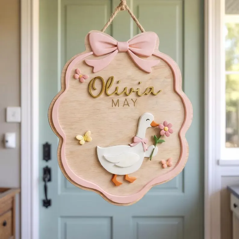 Personalized Goose Wooden Name Sign, Custom Baby Girl Nursery Door Sign, Bow Kids Room Plaque, Cute Goose Nursery Decor, Baby Shower Gift