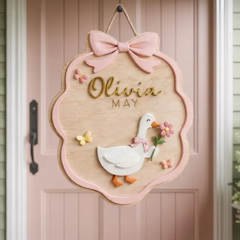 Personalized Goose Wooden Name Sign, Custom Baby Girl Nursery Door Sign, Bow Kids Room Plaque, Cute Goose Nursery Decor, Baby Shower Gift