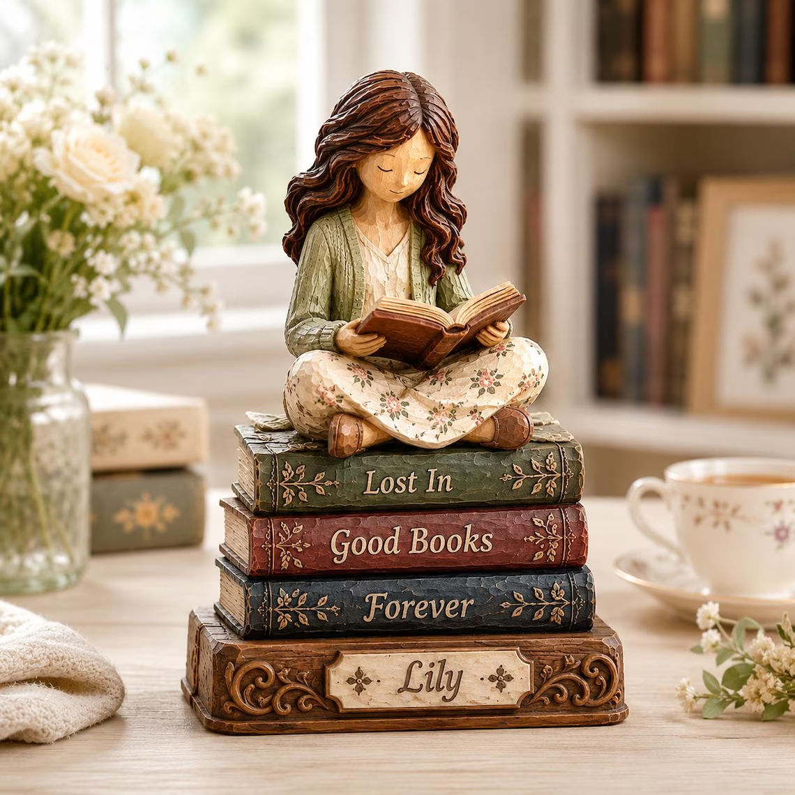 Custom Book Lover Wooden Block, Just A Girl Who Loves Books Shelf Decor, Reader Gift for Her, Library Bookshelf Decor