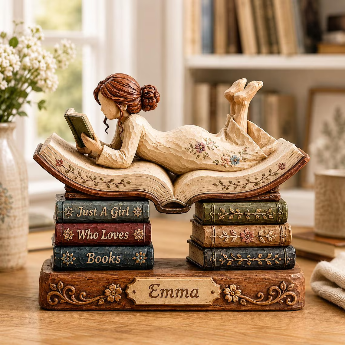 Custom Book Lover Wooden Block, Just A Girl Who Loves Books Shelf Decor, Reader Gift for Her, Library Bookshelf Decor