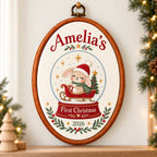 Personalized Baby's First Christmas Snow Globe Bunny Embroidery Hoop 2026 - Custom Name Nursery Decor