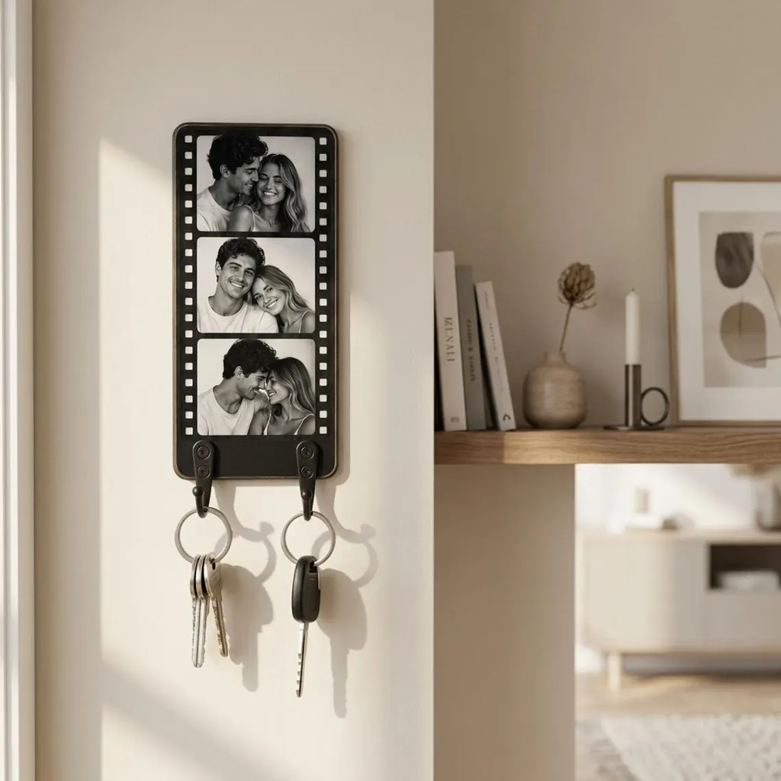 Personalized Wooden Photo Key Holder for Wall, Custom Film Strip Picture Frame with Hooks, New Home Housewarming Gift for Couple