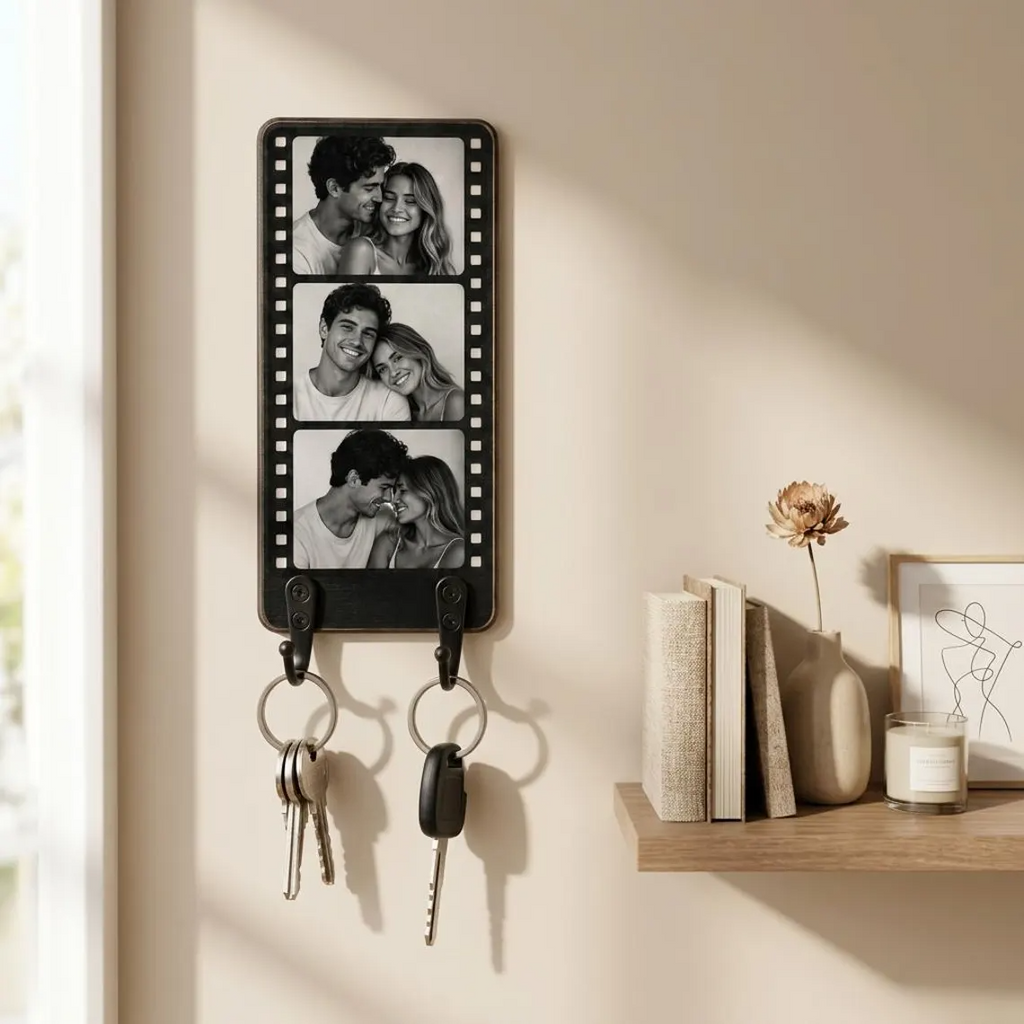 Personalized Wooden Photo Key Holder for Wall, Custom Film Strip Picture Frame with Hooks, New Home Housewarming Gift for Couple