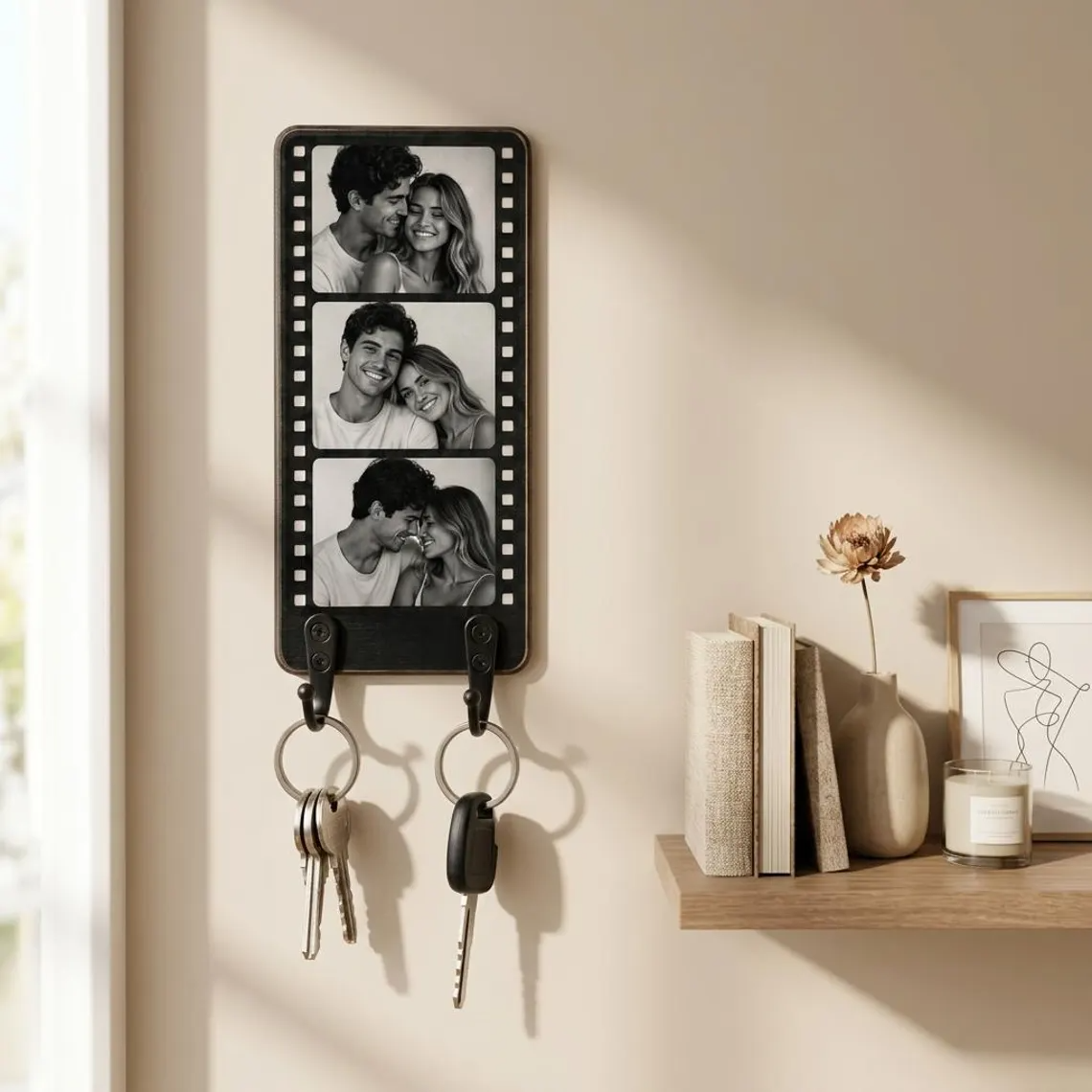 Personalized Wooden Photo Key Holder for Wall, Custom Film Strip Picture Frame with Hooks, New Home Housewarming Gift for Couple