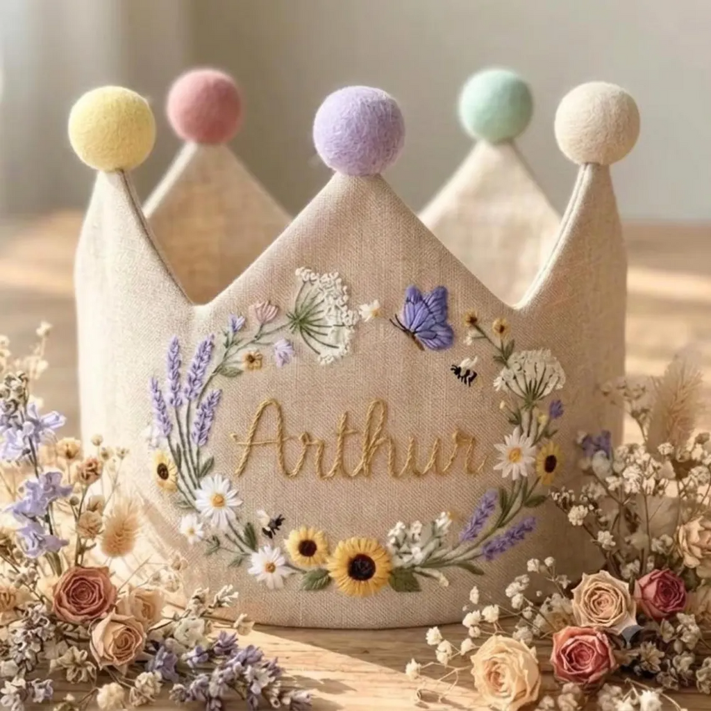 Personalized Lavender Embroidered Birthday Crown, Linen Baby Party Hat, Butterfly Flower Crown, 1st Birthday Keepsake, Baby Gift, Cute