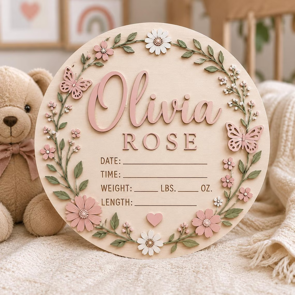 Personalized Floral Baby Announcement Sign