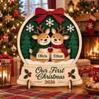 Personalized Couple First Christmas Snow Globe Sign 2026 - Custom Name Reindeer 3D Layered Wood Decor
