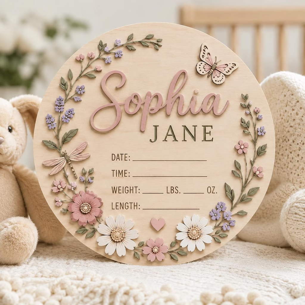 Personalized Floral Baby Announcement Sign