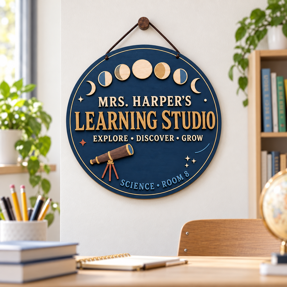 Personalized Moon Phase Classroom Sign - Wooden Teacher Door Hanger