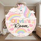 Personalized Unicorn Wooden Name Door Sign, Custom Girl Room Door Hanger, Rainbow Wooden Nursery Wall Decor, Birthday Gifts