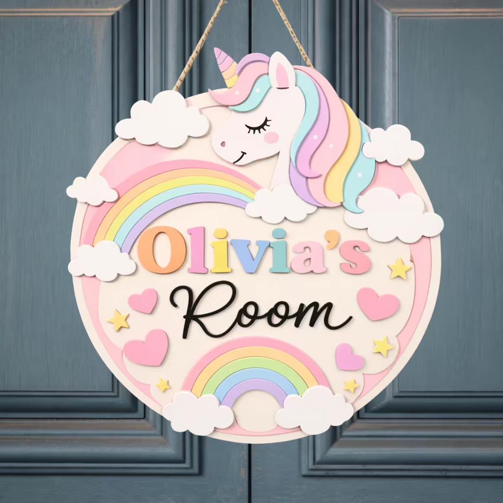 Personalized Unicorn Wooden Name Door Sign, Custom Girl Room Door Hanger, Rainbow Wooden Nursery Wall Decor, Birthday Gifts