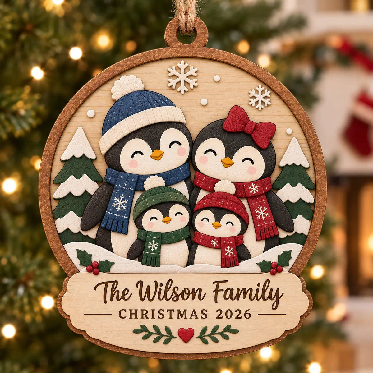 Personalized Wooden Penguin Family Christmas Ornament 2026 - Custom Family Name, Family of 4 Tree Bauble