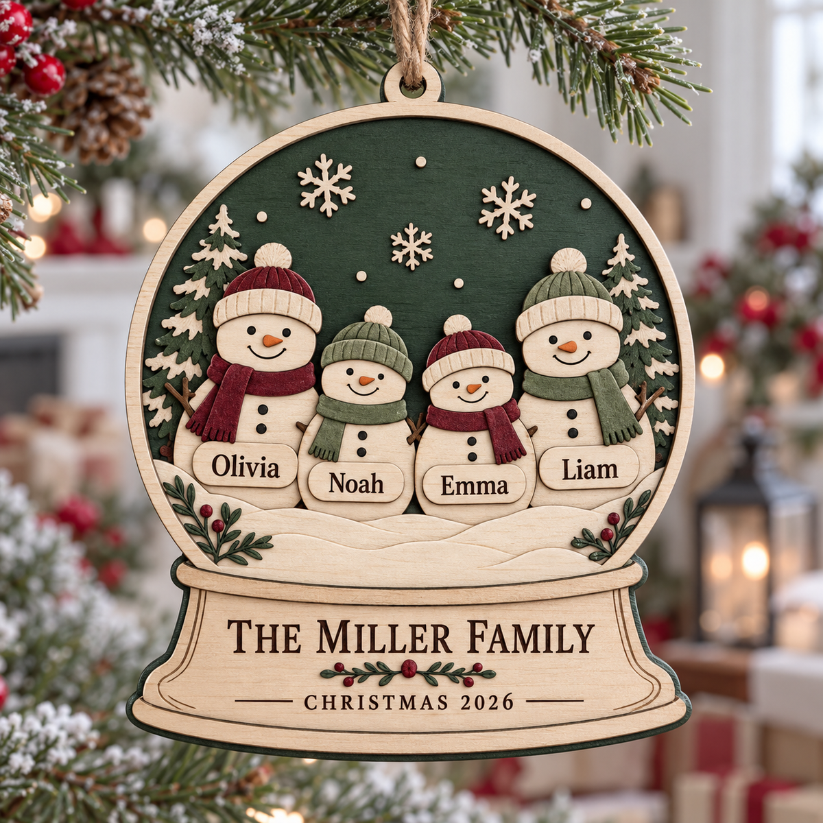 Personalized Snowman Family Ornament - Custom Names Wooden Snow Globe