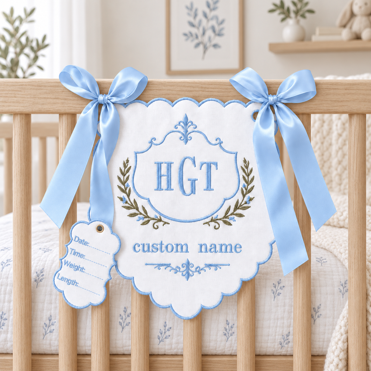 Personalized Baby Name Nursery Sign - Embroidered Monogram Banner with Birth Details Tag
