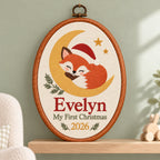Personalized Baby's First Christmas Sleeping Fox Embroidery Hoop 2026 - Crescent Moon Nursery Decor