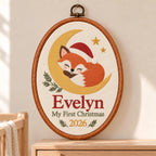 Personalized Baby's First Christmas Sleeping Fox Embroidery Hoop 2026 - Crescent Moon Nursery Decor