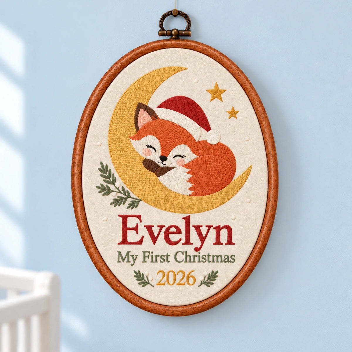 Personalized Baby's First Christmas Sleeping Fox Embroidery Hoop 2026 - Crescent Moon Nursery Decor
