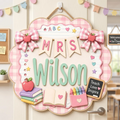 Personalized Teacher Door Hanger, Custom Classroom Door Sign, Teacher Name Sign, Pink Gingham Teacher Gift, Back to School Decor