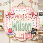 Personalized Teacher Door Hanger, Custom Classroom Door Sign, Teacher Name Sign, Pink Gingham Teacher Gift, Back to School Decor