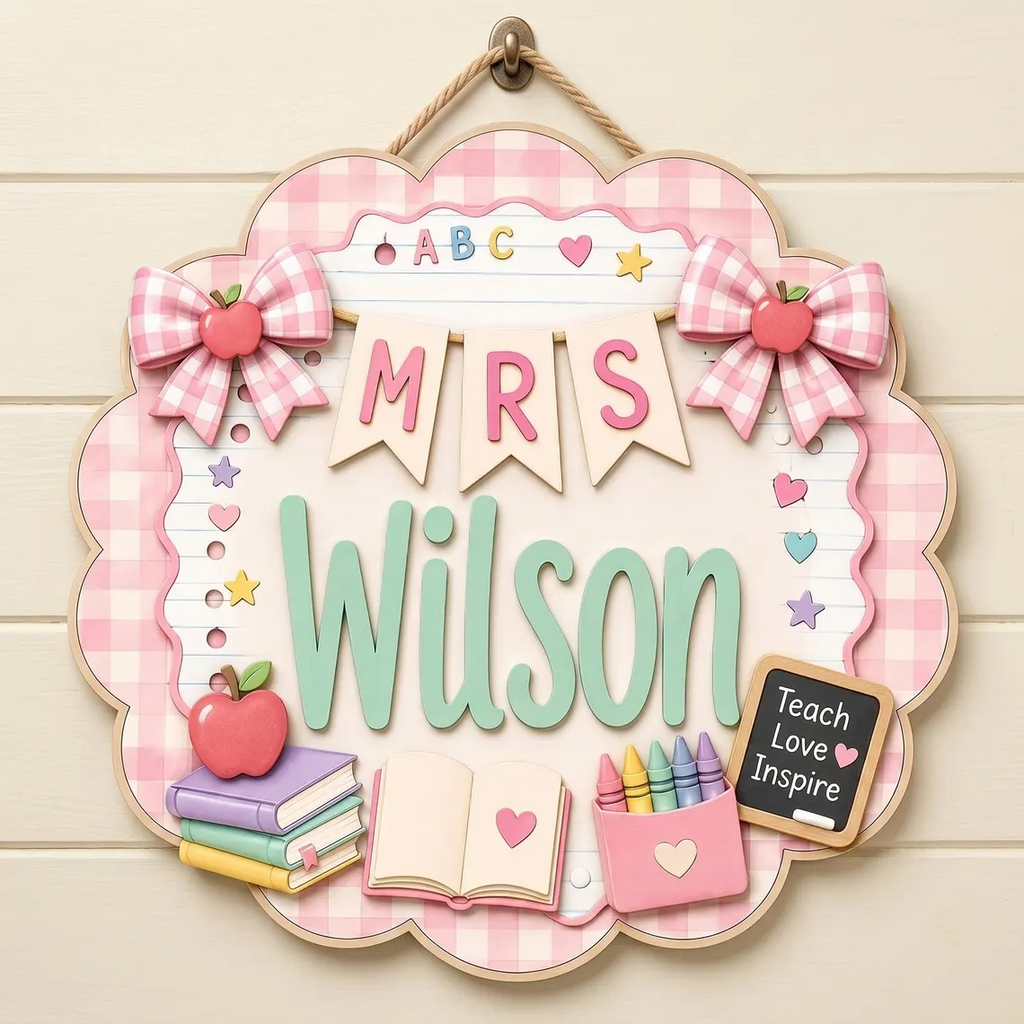 Personalized Teacher Door Hanger, Custom Classroom Door Sign, Teacher Name Sign, Pink Gingham Teacher Gift, Back to School Decor