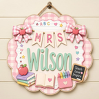 Personalized Teacher Door Hanger, Custom Classroom Door Sign, Teacher Name Sign, Pink Gingham Teacher Gift, Back to School Decor