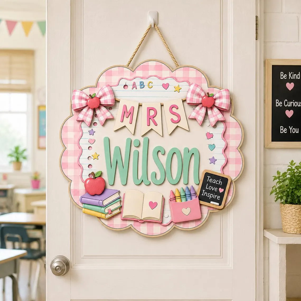 Personalized Teacher Door Hanger, Custom Classroom Door Sign, Teacher Name Sign, Pink Gingham Teacher Gift, Back to School Decor