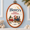 Personalized Baby's First Christmas Teddy Bear Train Embroidery Hoop 2026 - Custom Name Nursery Keepsake