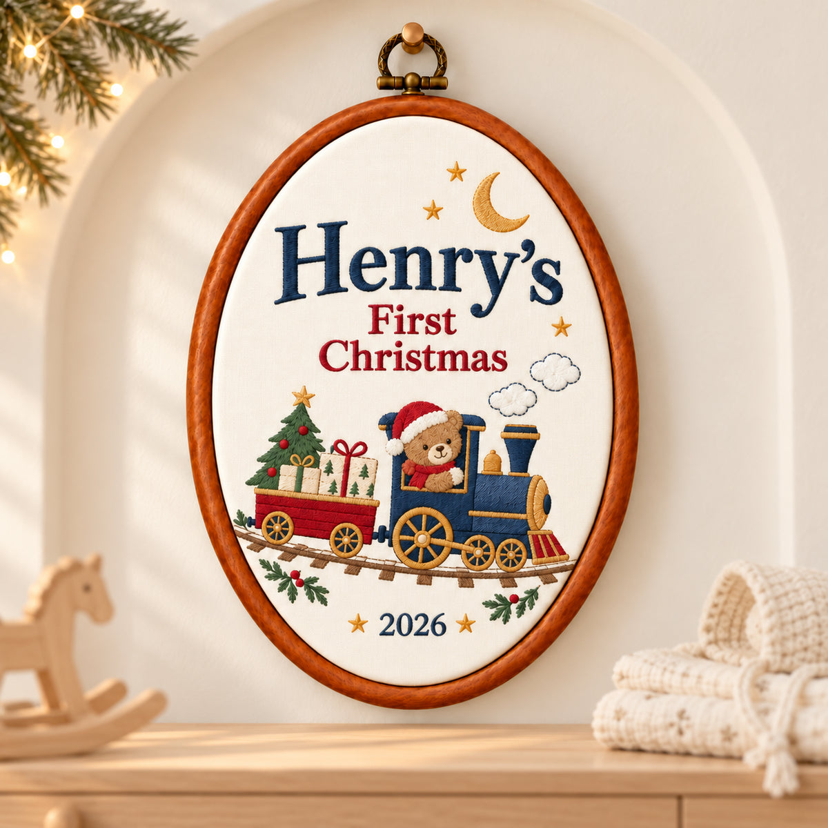 Personalized Baby's First Christmas Teddy Bear Train Embroidery Hoop 2026 - Custom Name Nursery Keepsake