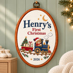 Personalized Baby's First Christmas Teddy Bear Train Embroidery Hoop 2026 - Custom Name Nursery Keepsake