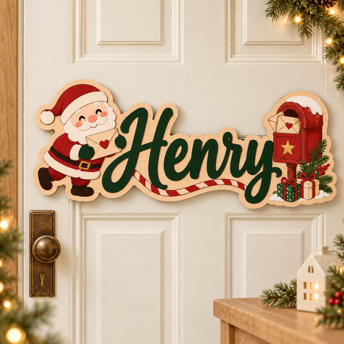 Personalized Santa Wooden Name Door Sign 2026 - Custom Santa Claus & Mailbox 3D Layered Christmas Decor