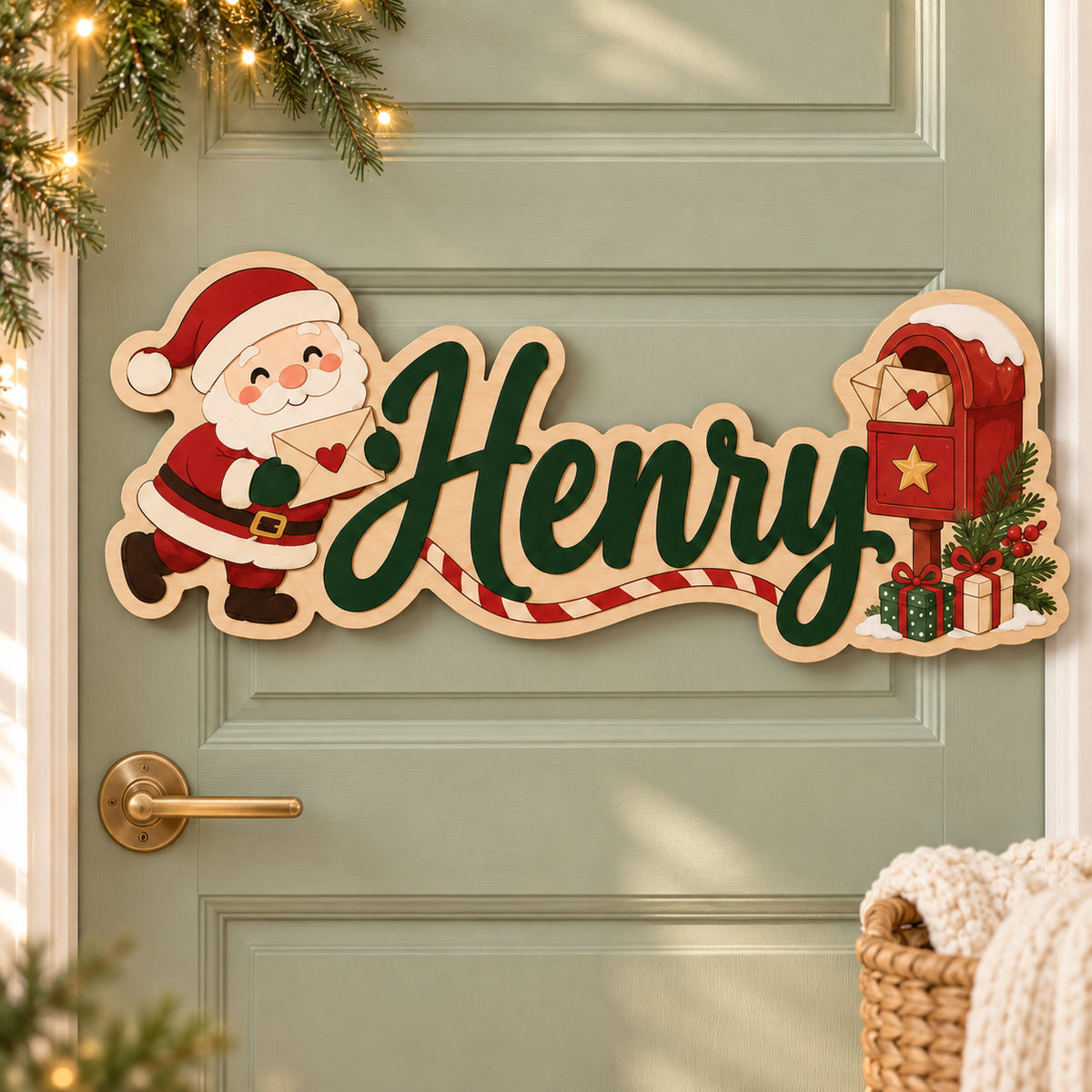 Personalized Santa Wooden Name Door Sign 2026 - Custom Santa Claus & Mailbox 3D Layered Christmas Decor