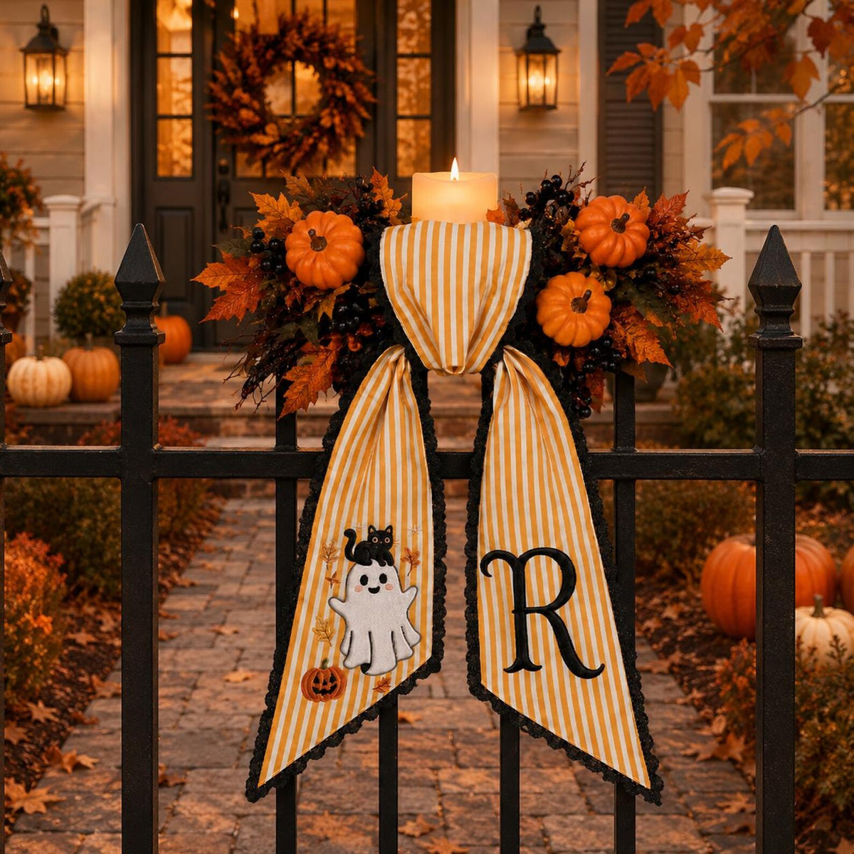 Personalized Halloween Wreath Sash - Embroidered Witch Ghost Pumpkin Decor