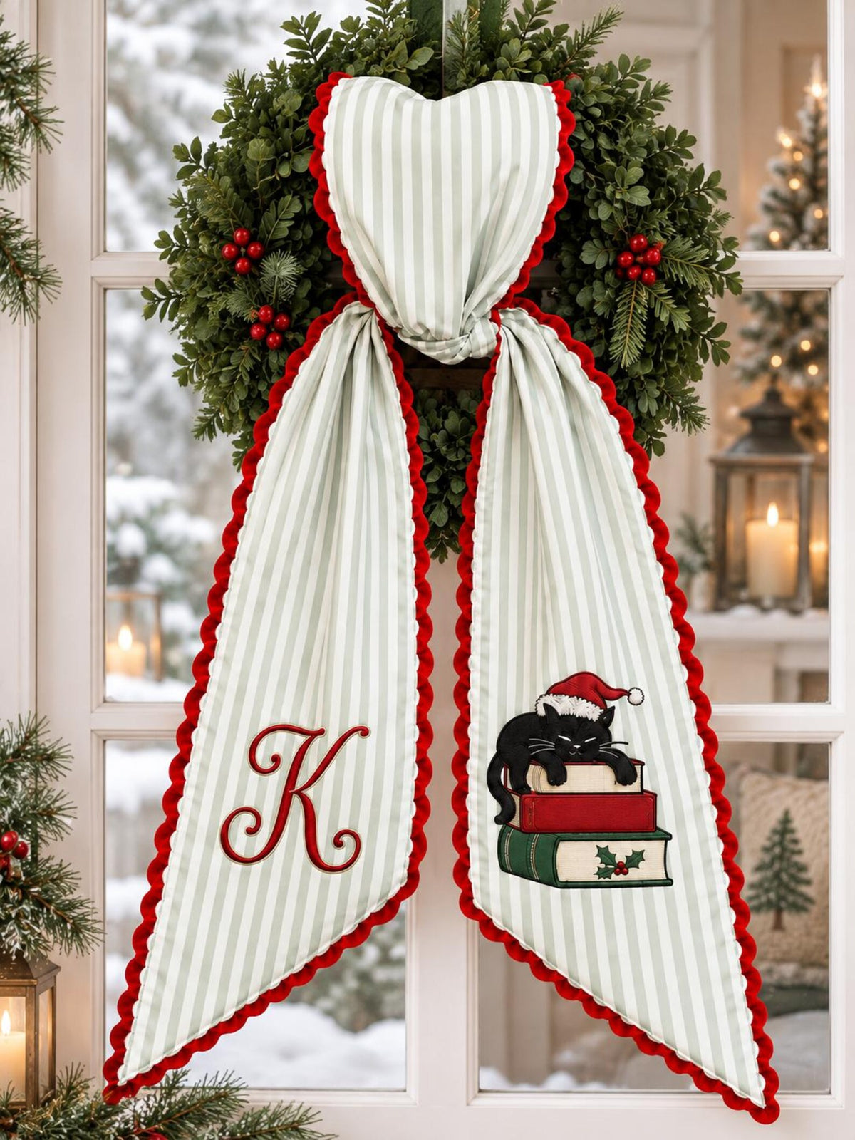 Black Cat Christmas Wreath Sash - Custom Initial Embroidery