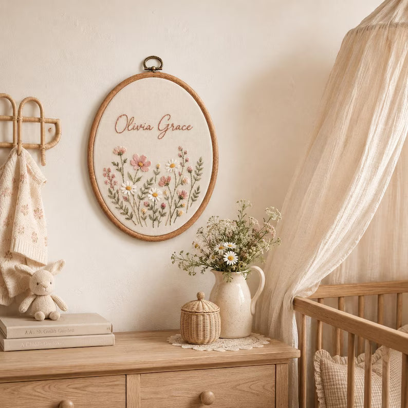 Personalized Floral Baby Name Hoop design detail