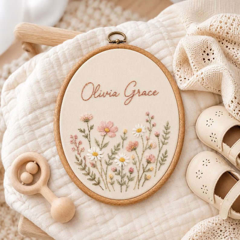 Personalized Floral Baby Name Hoop display detail
