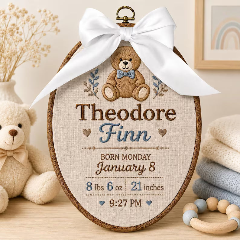 Personalized Birth Stats Embroidery Hoop design detail