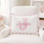Personalized Gingham Initial Pillow - Embroidered Name Scalloped Cushion