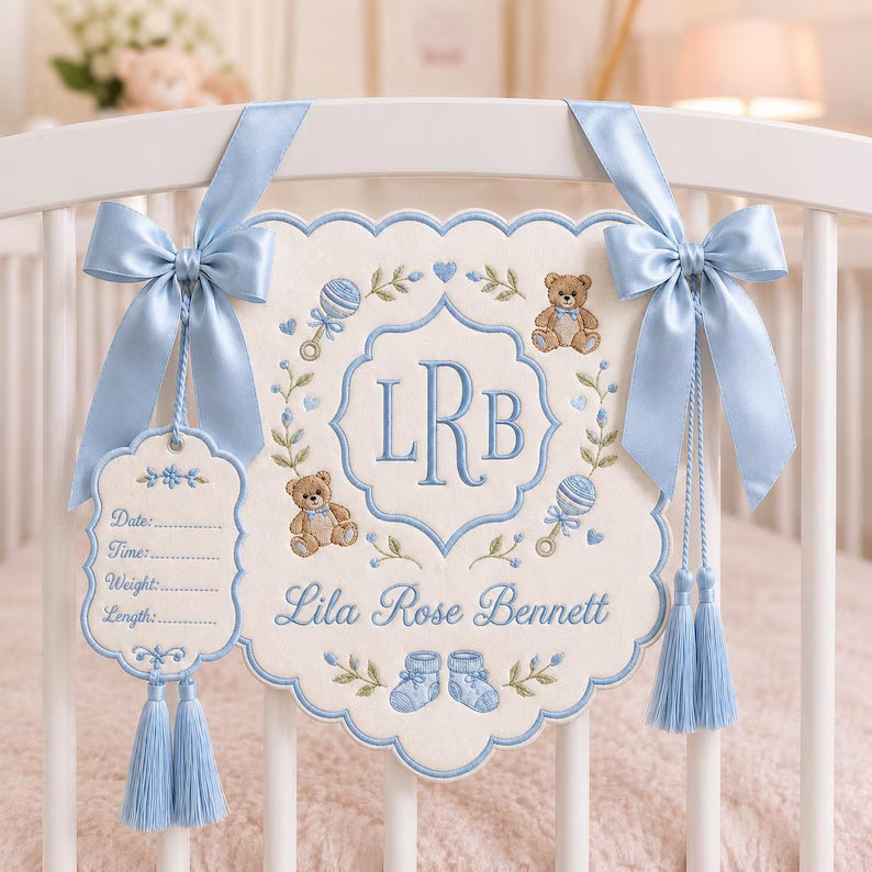 Custom Embroidered Baby Name Banner - Personalized Teddy Bear Monogram Nursery Sign
