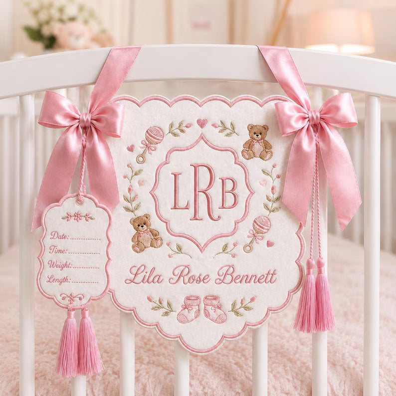 Custom Embroidered Baby Name Banner - Personalized Teddy Bear Monogram Nursery Sign