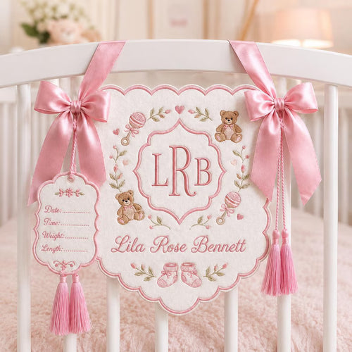 Custom Embroidered Baby Name Banner - Personalized Teddy Bear Monogram Nursery Sign